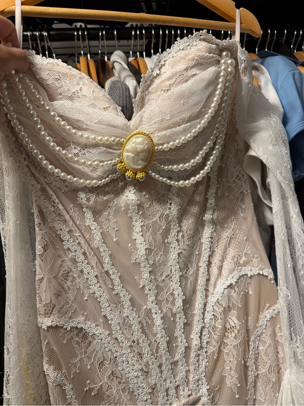 Long-Sleeve Lace Evening Gown in Cream with Pearl Accent - Picture 3 of 5